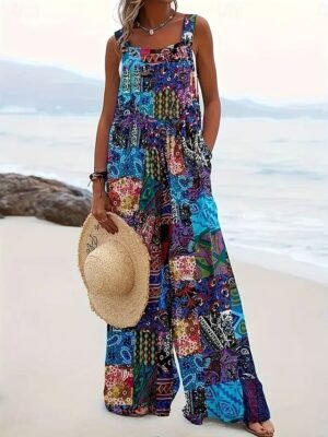 Vacation Loose Fit Floral Sleeveless Wide Leg Dungarees - Image 4