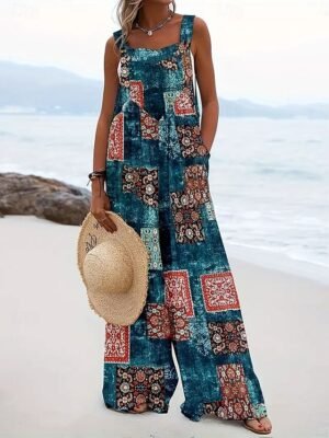 Vacation Loose Fit Floral Sleeveless Wide Leg Dungarees - Image 5