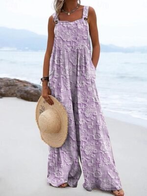 Vacation Loose Fit Floral Sleeveless Wide Leg Dungarees - Image 9