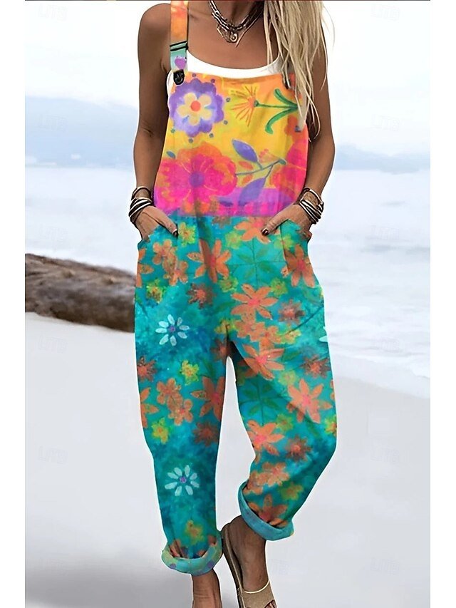 Vacation Loose Fit Floral Square Neck Sleeveless Straight Dungarees - Image 1