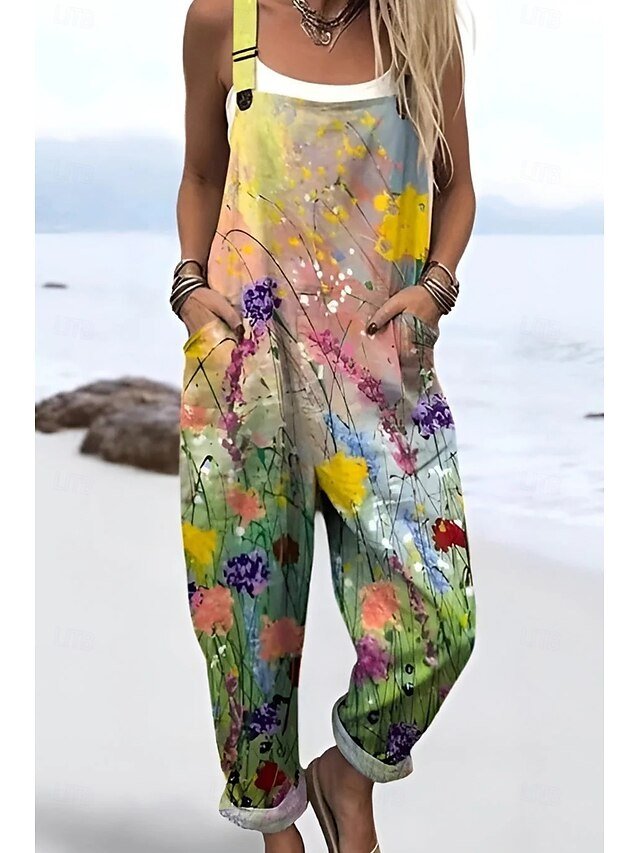 Vacation Loose Fit Floral Square Neck Sleeveless Straight Dungarees - Image 2