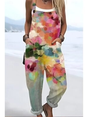 Vacation Loose Fit Floral Square Neck Sleeveless Straight Dungarees - Image 3