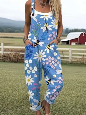 Vacation Loose Fit Graphic Sleeveless Wide Leg Jumpsuit - Image 3