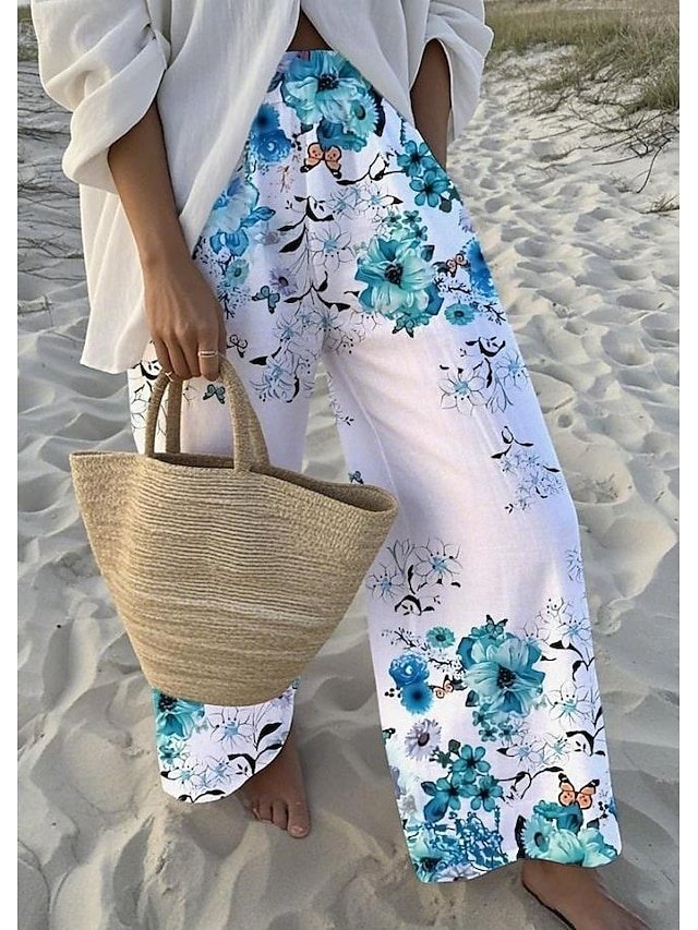Vacation Loose Floral High Waist Full Length Wide Leg Chinos - Image 1