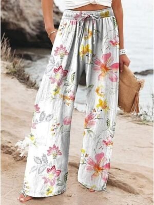 Vacation Loose Floral High Waist Full Length Wide Leg Chinos - Image 2
