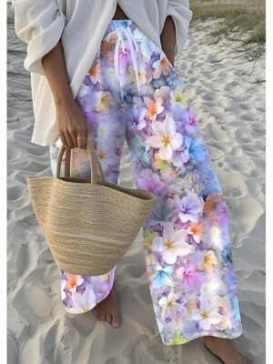 Vacation Loose Floral High Waist Full Length Wide Leg Chinos - Image 2