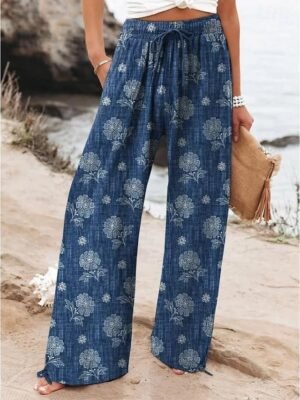 Vacation Loose Floral High Waist Full Length Wide Leg Chinos - Image 3