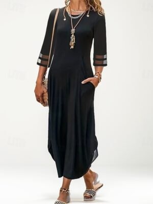 Vacation Loose Mesh Patchwork Crew Neck Short Sleeve Maxi Dress - Image 1