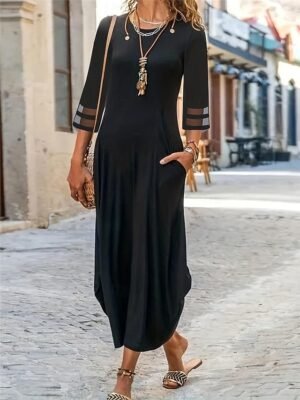 Vacation Loose Mesh Patchwork Crew Neck Short Sleeve Maxi Dress - Image 6