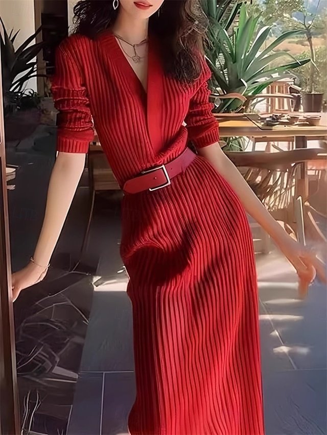 Valentine Regular Fit Plain V Neck Long Sleeve Maxi Sweater Dress - Image 1