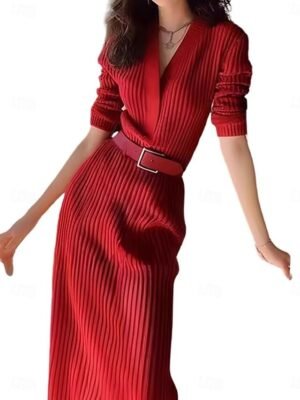 Valentine Regular Fit Plain V Neck Long Sleeve Maxi Sweater Dress - Image 4