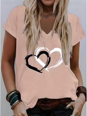 Valentine Regular Heart Print V Neck Short Sleeve T Shirt - Image 3