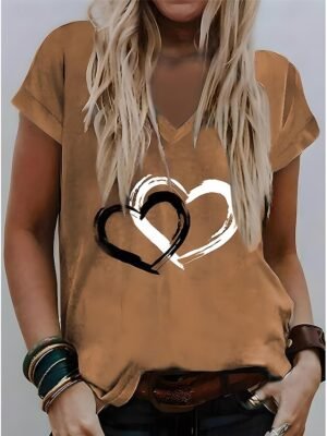 Valentine Regular Heart Print V Neck Short Sleeve T Shirt - Image 4