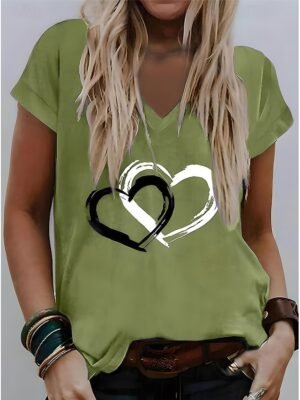 Valentine Regular Heart Print V Neck Short Sleeve T Shirt - Image 5