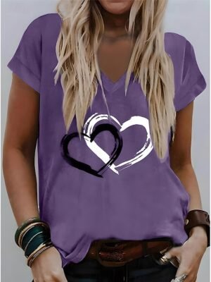 Valentine Regular Heart Print V Neck Short Sleeve T Shirt - Image 6