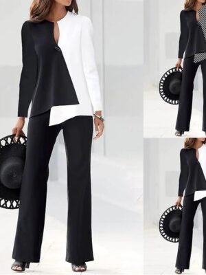 Vintage Business Patchwork V Neck Long Sleeve Suit - Image 4