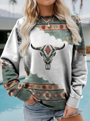 Vintage Casual Geometric Round Neck Long Sleeve Sweatshirt - Image 1