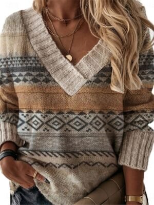 Vintage Casual Geometric V Neck Long Sleeve Regular Jumper - Image 4