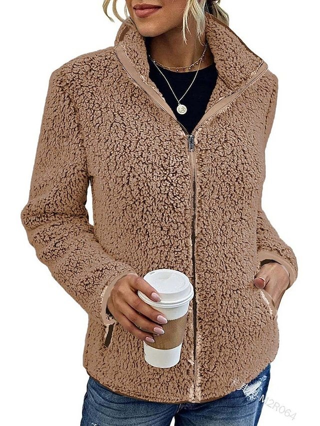 Vintage Casual Loose Solid V Neck Long Sleeve Fleece Jacket - Image 2