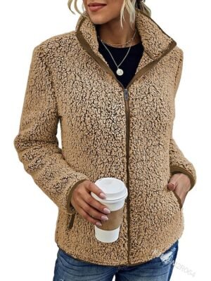 Vintage Casual Loose Solid V Neck Long Sleeve Fleece Jacket - Image 3