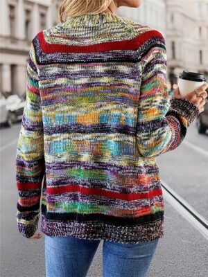 Vintage Casual Open Front Rainbow Long Sleeve Cardigan - Image 2