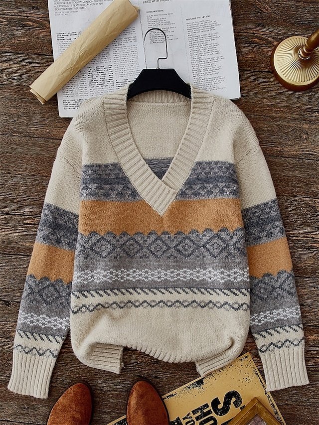 Vintage Casual Soft Geometric V Neck Long Sleeve Regular Jumper - Image 1