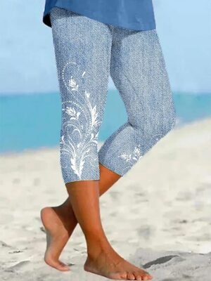 Vintage Elastic 3D Print High Waist Calf-Length Leggings - Image 11