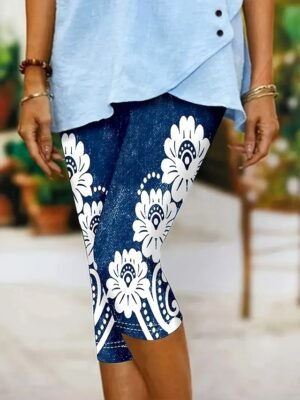 Vintage Elastic 3D Print High Waist Calf-Length Leggings - Image 14