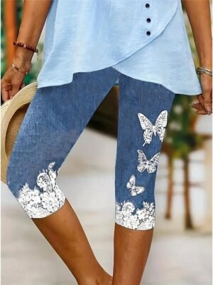 Vintage Elastic 3D Print High Waist Calf-Length Leggings - Image 4