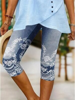 Vintage Elastic 3D Print High Waist Calf-Length Leggings - Image 5