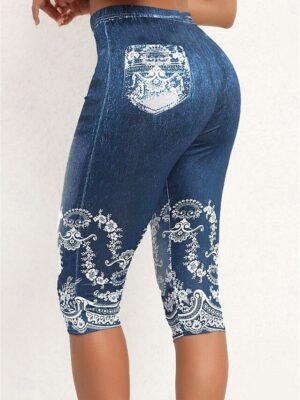 Vintage Elastic 3D Print High Waist Calf-Length Leggings - Image 6