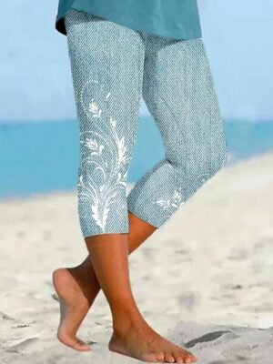 Vintage Elastic 3D Print High Waist Calf-Length Leggings - Image 7