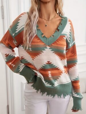 Vintage Ethnic Casual Geometric V Neck Long Sleeve Regular Knit Top - Image 1