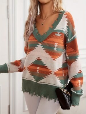Vintage Ethnic Casual Geometric V Neck Long Sleeve Regular Knit Top - Image 2