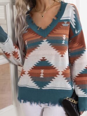 Vintage Ethnic Casual Geometric V Neck Long Sleeve Regular Knit Top - Image 3
