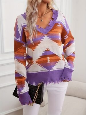 Vintage Ethnic Casual Geometric V Neck Long Sleeve Regular Knit Top - Image 5
