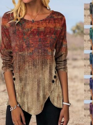 Vintage Ethnic Graphic Round Neck Long Sleeve Tunic Top - Image 1