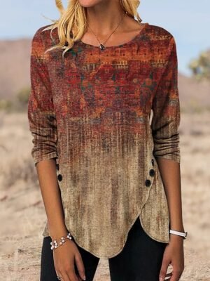 Vintage Ethnic Graphic Round Neck Long Sleeve Tunic Top - Image 2