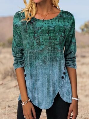 Vintage Ethnic Graphic Round Neck Long Sleeve Tunic Top - Image 3