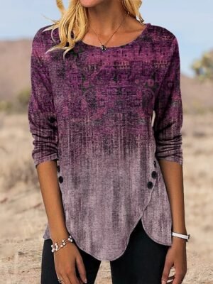 Vintage Ethnic Graphic Round Neck Long Sleeve Tunic Top - Image 6