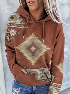 Vintage Ethnic Loose Geometric Hoodie Long Sleeve Top - Image 3