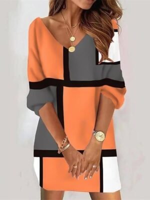 Vintage Loose Fit Geometric V Neck 3/4 Sleeve Mini Dress - Image 3