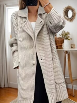 Vintage Loose Pure Colour Shirt Collar Long Sleeve Cardigan - Image 3