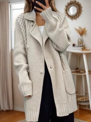 Vintage Loose Pure Colour Shirt Collar Long Sleeve Cardigan - Image 4