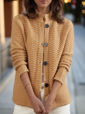 Vintage Loose Pure Colour Stand Collar Long Sleeve Cardigan - Image 3