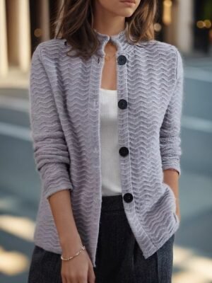 Vintage Loose Pure Colour Stand Collar Long Sleeve Cardigan - Image 7