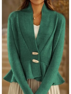 Vintage Loose Pure Colour V Neck Long Sleeve Cardigan - Image 1
