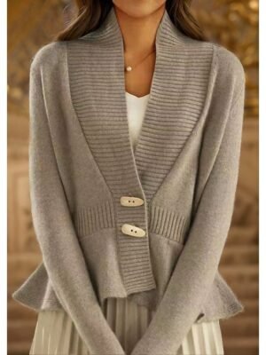 Vintage Loose Pure Colour V Neck Long Sleeve Cardigan - Image 3