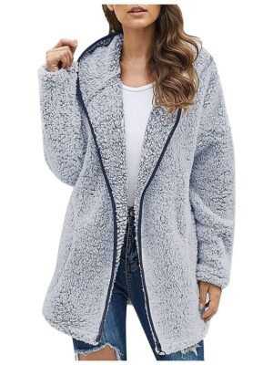 Vintage Loose Solid Zip Up Long Sleeve Fleece Hoodie - Image 3