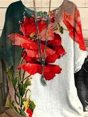 Vintage Plus Size Floral Crew Neck Dolman Sleeve Regular Blouse - Image 2